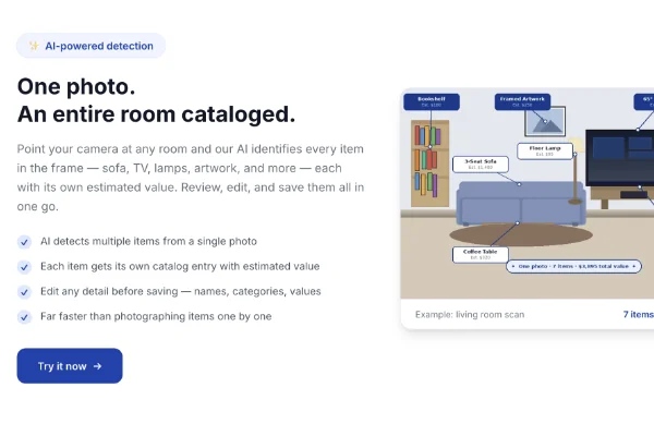 All of My Things home inventory app — AI detects and catalogs every item in a room from a single photo
